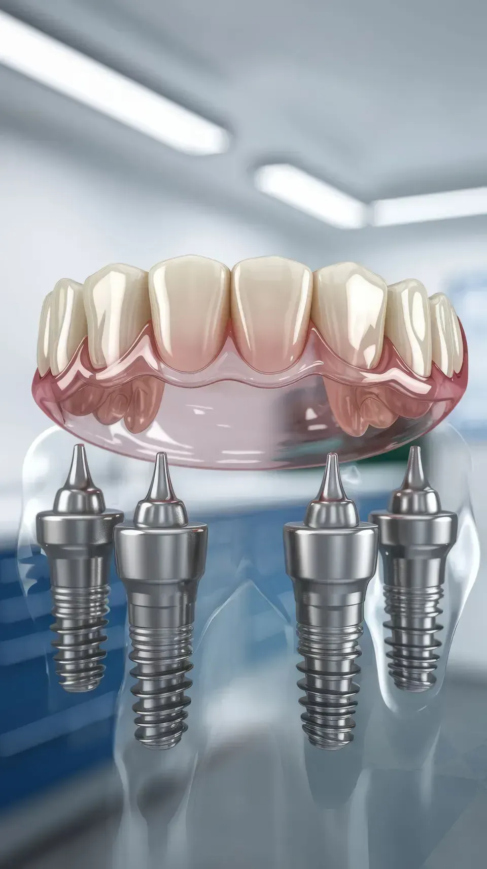 Side by side comparison of a removable denture and a fixed All-on-4 implant bridge