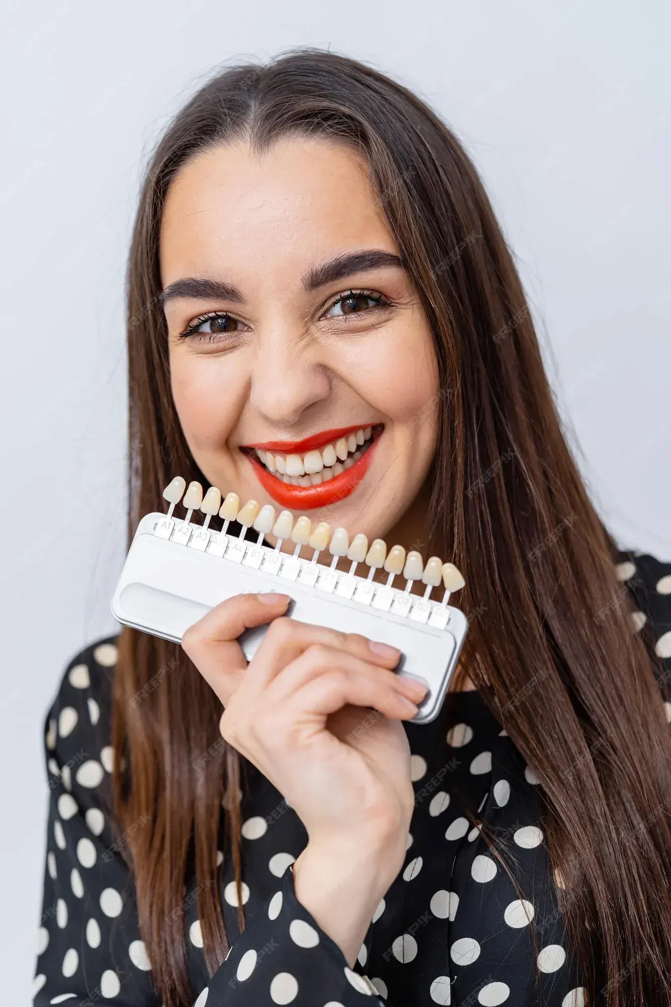 Close up of natural-looking porcelain veneers on front teeth